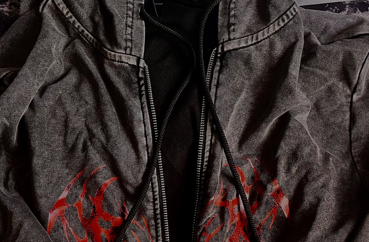 Washed out black hoodie with red cybercigil print  - photo 2