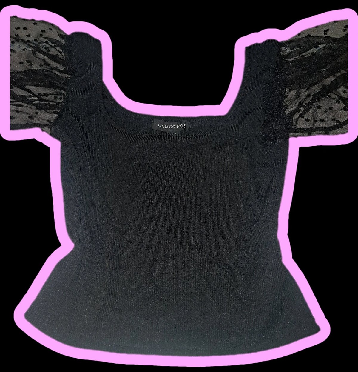 Top corto negro acanalado de New Look con mangas transparentes con lunares suizos - photo 2