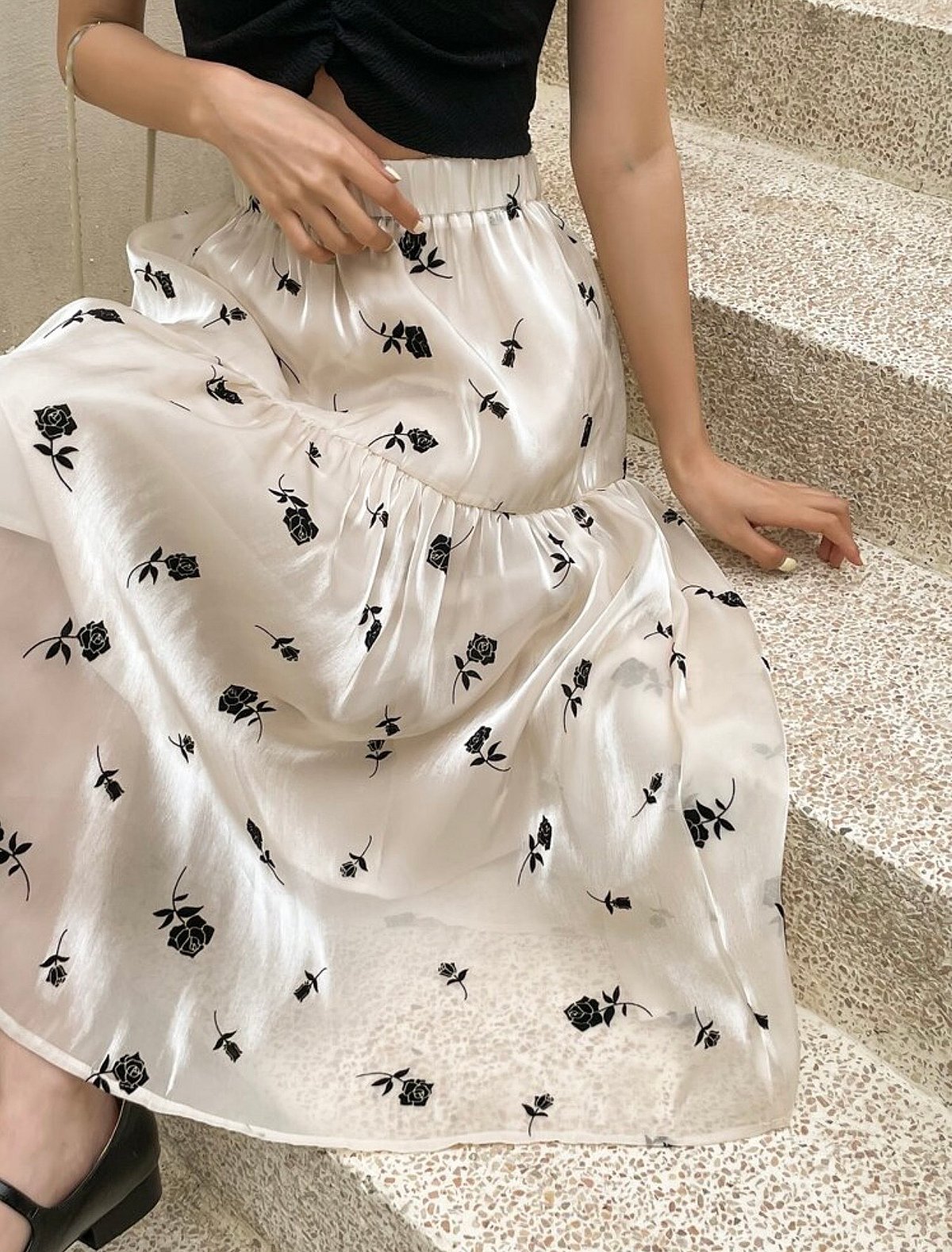 White Rose Print Tiered Skirt - photo 2
