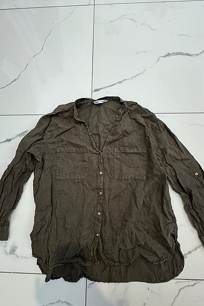 Zara Olive Green Linen Shirt by Zara — pre-loved on Thrifted.mt