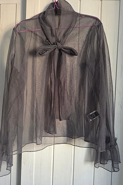 Blusa gris transparente con lazo en el cuello — pre-loved on Thrifted.mt