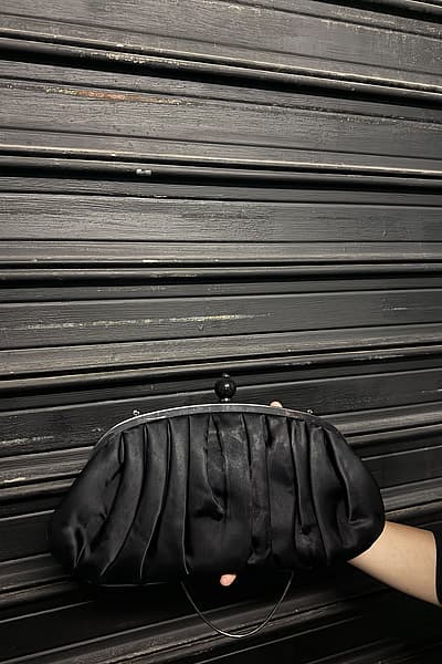 Black Ruched Satin Clutch Bag