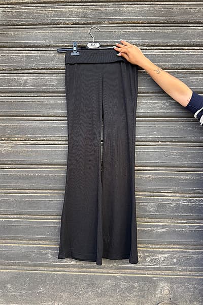 Black Fold-Over Flared Trousers