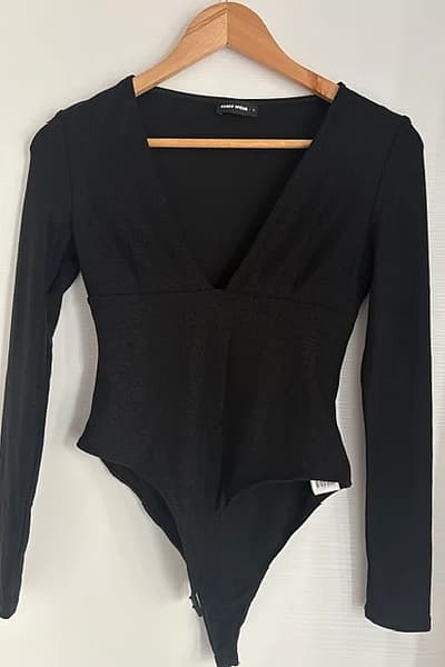 Black V-Neck Long Sleeve Bodysuit