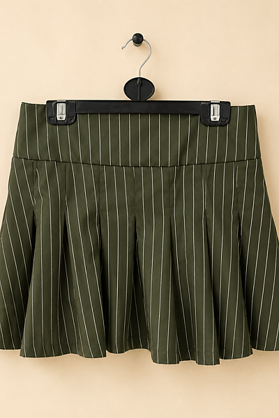 Mini bil-Pleats Pinstripe Aħdar Żebbuġi by Shein — pre-loved on Thrifted.mt